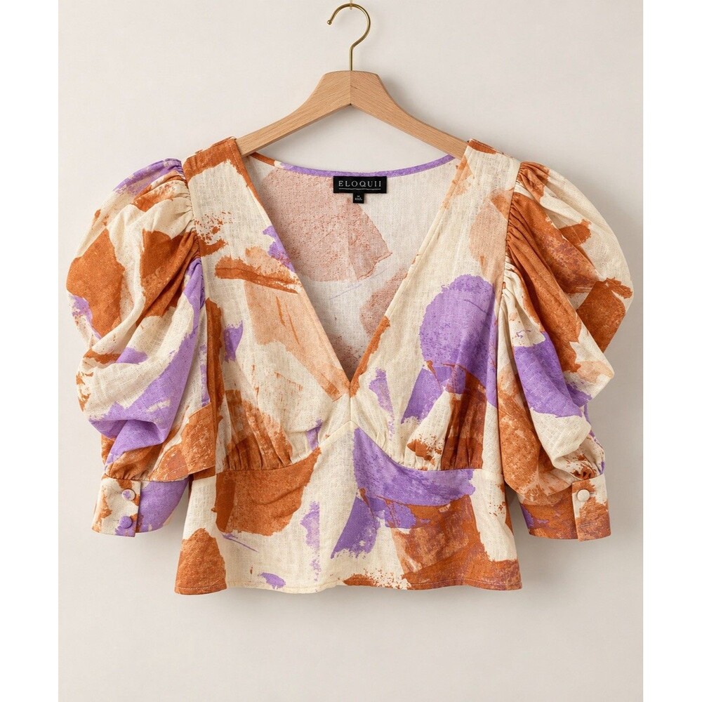 ELOQUII Size 14 Linen Blend Abstract Print Puff Sleeve Crop Top Blouse Capsule